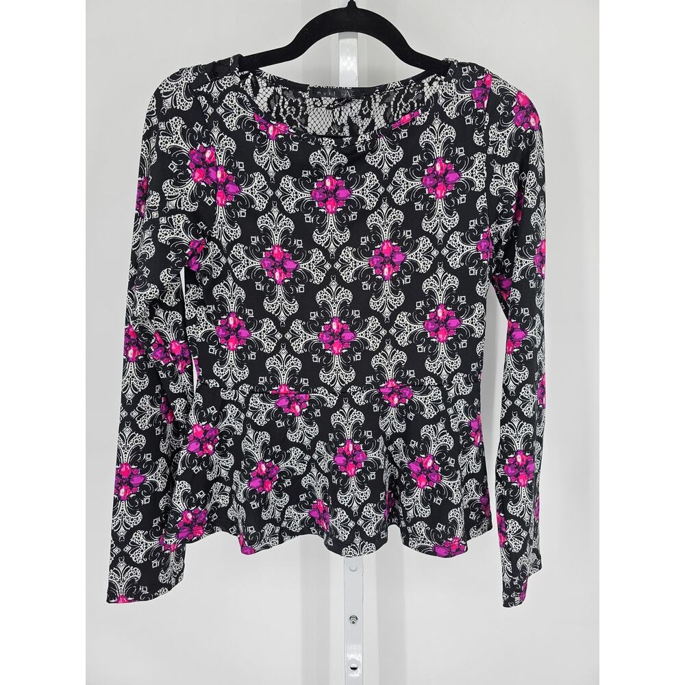 Vtg Y2K Must Have Womens Sz M Long Sleeve Peplum Blouse Floral Lace Back